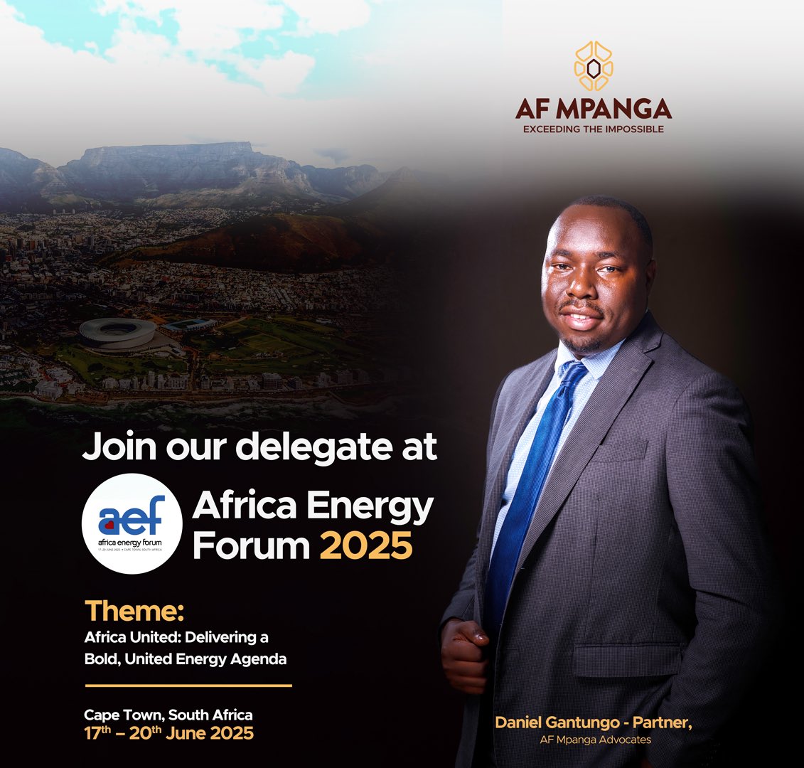 AF Mpanga Advocates (@afmpangaug) on Twitter photo Our Partner, Daniel Gantungo, will represent AF Mpanga Advocates at #AEF2025 in Cape Town, June 17–20.
We’re proud to be part of the conversation on Africa’s united energy future.
Connect with Daniel via LinkedIn or info@afmpanga.com to meet.
#AEF2025 #AFMpanga Our Partner, Daniel Gantungo, will represent AF Mpanga Advocates at #AEF2025 in Cape Town, June 17–20.
We’re proud to be part of the conversation on Africa’s united energy future.
Connect with Daniel via LinkedIn or info@afmpanga.com to meet.
#AEF2025 #AFMpanga