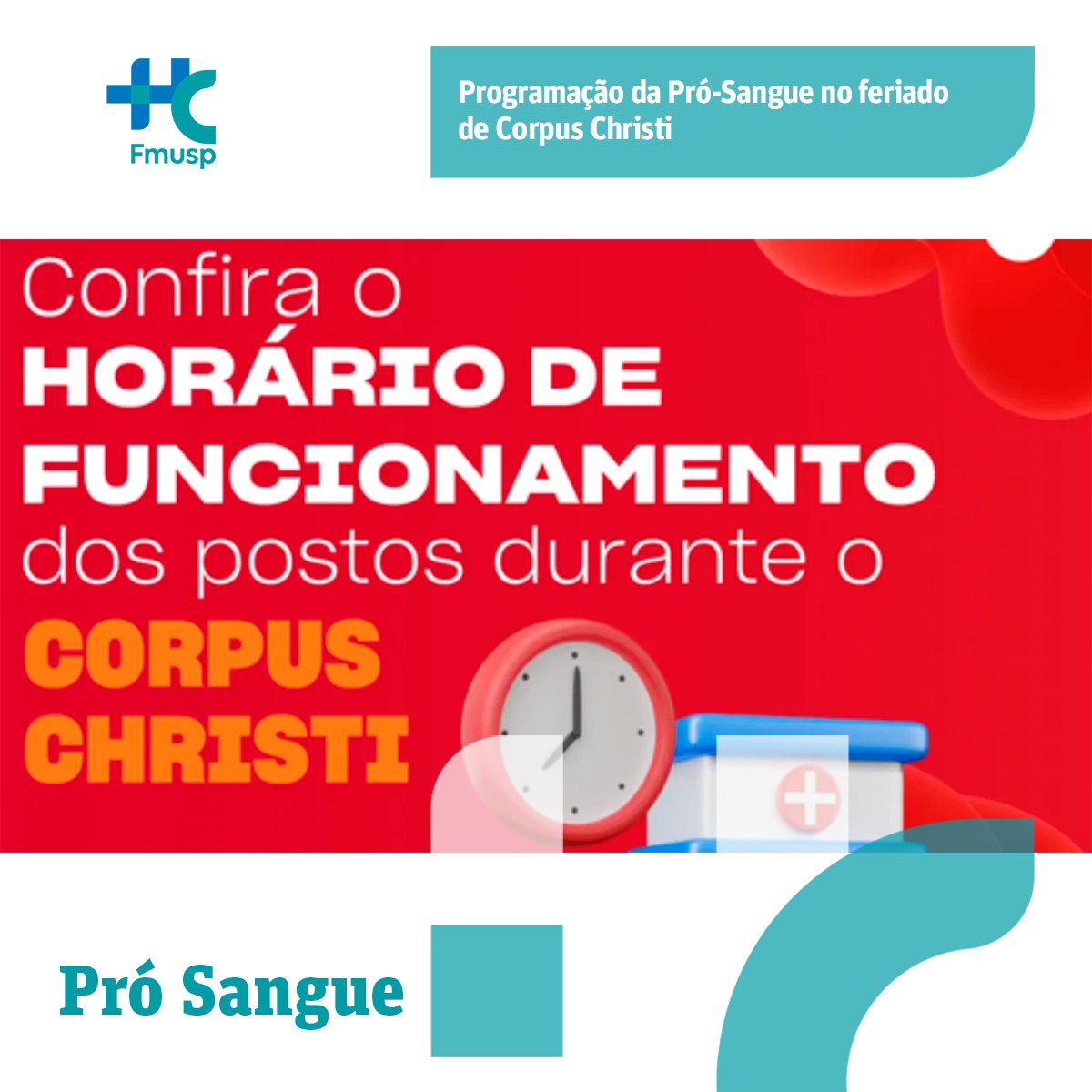 A Fundação Pró-Sangue faz um apelo à população para que antecipe sua doação de sangue para antes do feriado de Corpus Christi, celebrado no dia 19 de junho. Em razão do feriado, os postos de coleta possuem horários diferenciados.

Confira os horários:
abrir.link/DNhpX