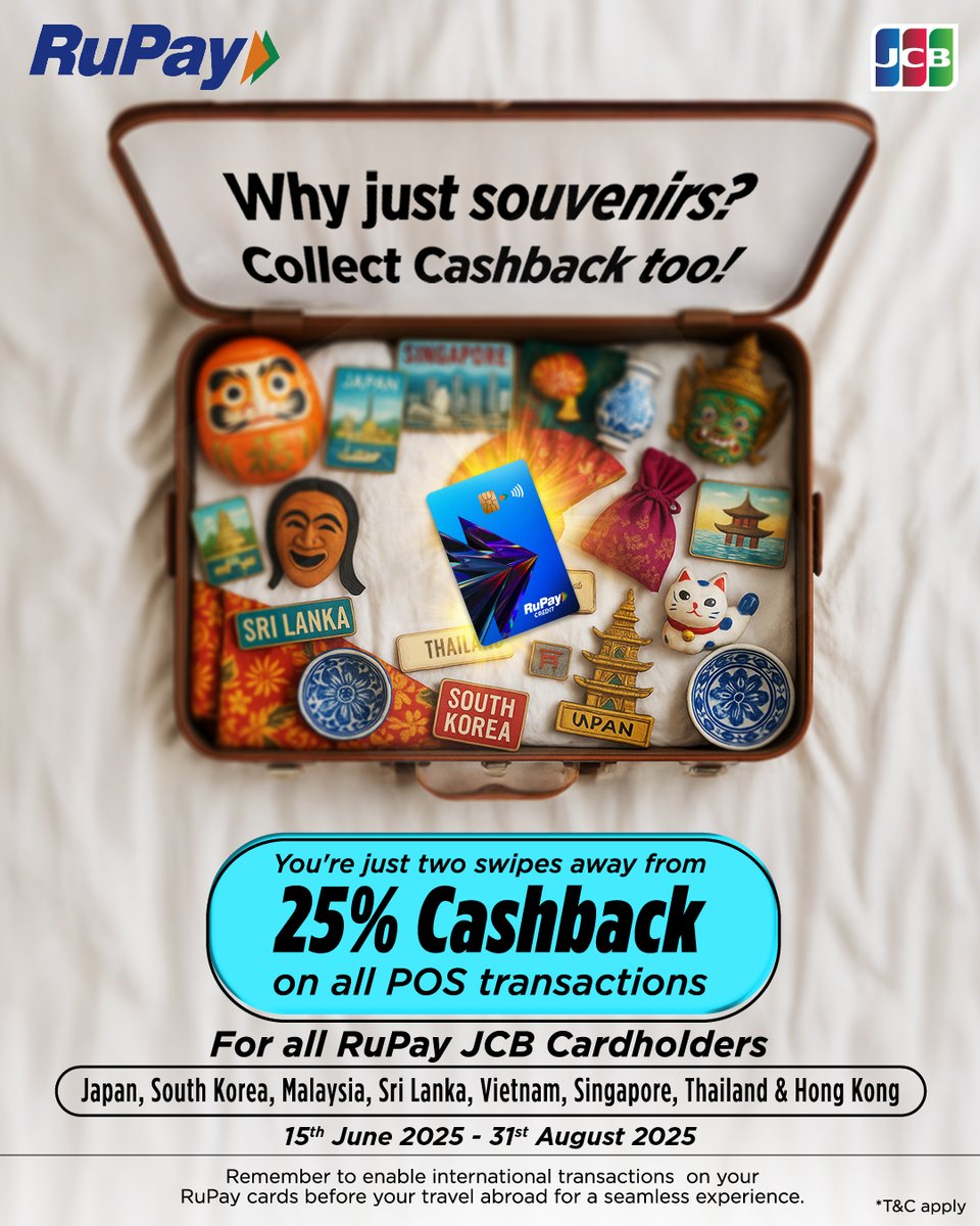 RuPay (@rupay_npci) on Twitter photo Turn memories into cashback with the RuPay JCB Card. 
Enjoy 25% cashback on every spend across 8 countries. All you have to do is to get a RuPay JCB card and enable international transactions before you fly.
#RuPay #TheBetterWayToPay #AskForRuPay #RuPay #CreditCard #UPI Turn memories into cashback with the RuPay JCB Card. 
Enjoy 25% cashback on every spend across 8 countries. All you have to do is to get a RuPay JCB card and enable international transactions before you fly.
#RuPay #TheBetterWayToPay #AskForRuPay #RuPay #CreditCard #UPI