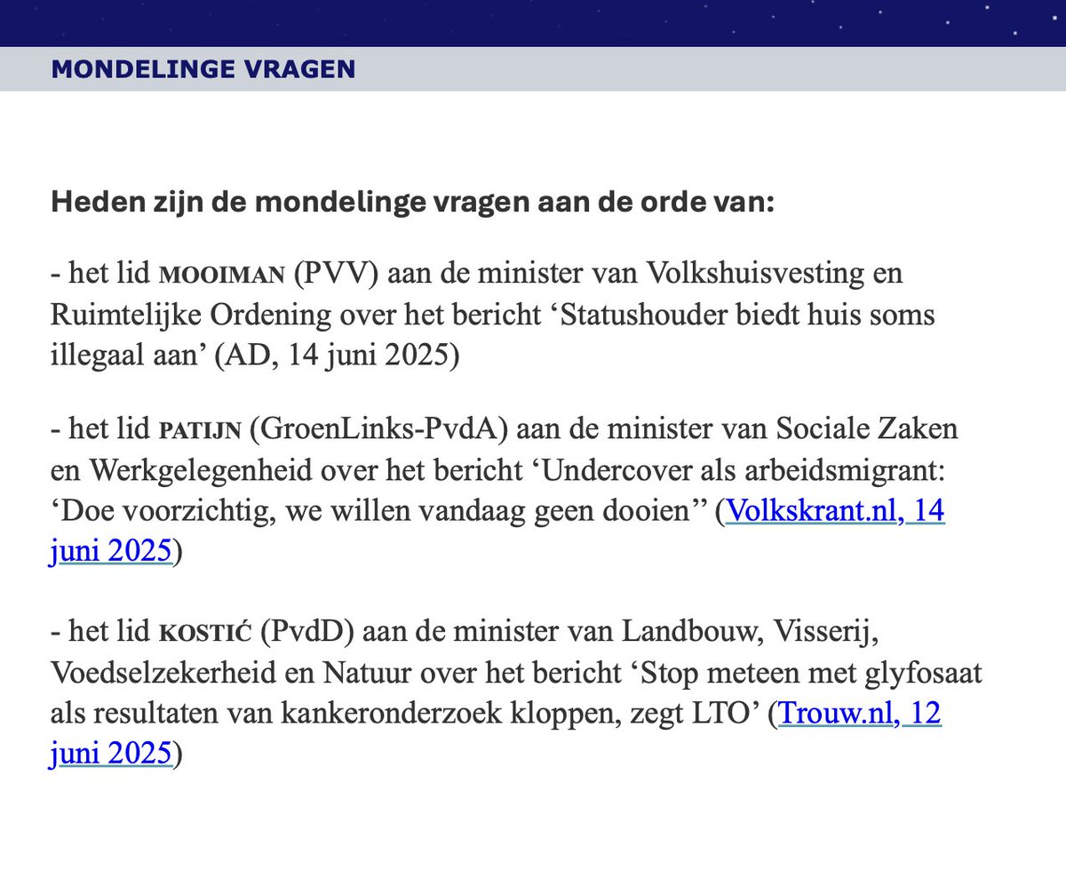 DINSDAG LIVE: Vanaf 14.00 uur het wekelijkse #vragenuur daarna de regeling van werkzaamheden en #stemmingen, te zien op televisie (kanaal 83) en online npo.nl/start/live?cha…