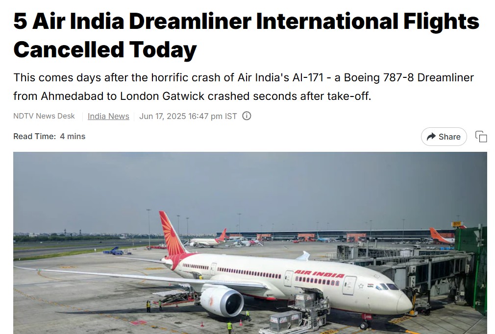 🛬Breaking ! วันนี้สายการบิน Air India ยกเลิกเที่ยวบินที่ต้องทำการบินด้วยเครื่อง B787 Dreamliner ถึง 5 เที่ยวบินในวันเดียว

หนึ่งในนั้นคือ AI143 เดลี-ปารีส ที่ตรวจสอบพบปัญหาบางประการก่อนจะออกเดินทาง

ขณะที่บางไฟล์ทต้องยกเลิกเพราะเครื่องไม่พอบิน-เครื่องต้องซ่อมบำรุง