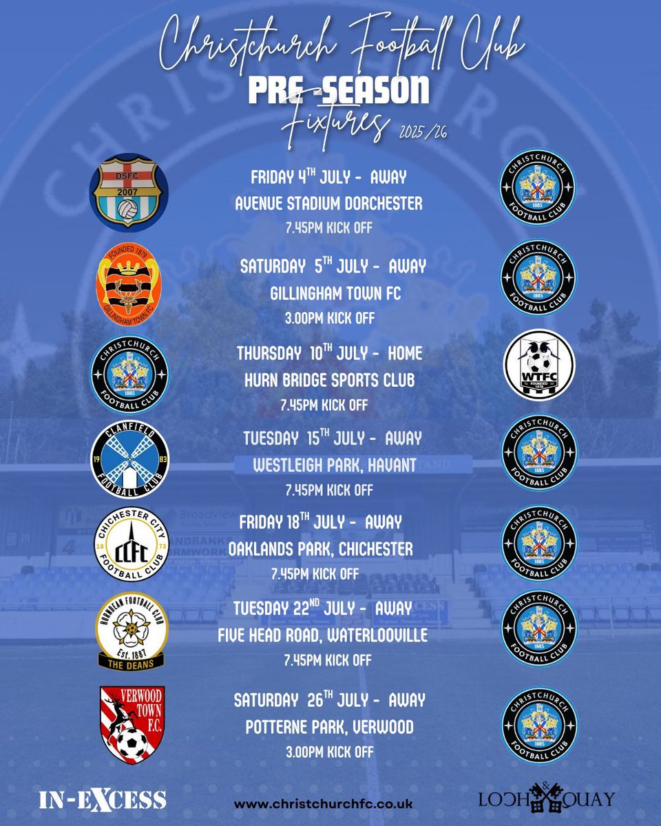 @christchurchfootballclub has announced their preseason matches. Join us at the Bridge on Thursday, July 10th for a 7:45 pm kickoff in the Gerry Page Cup. Come down, grab a drink, and support the boys in blue!