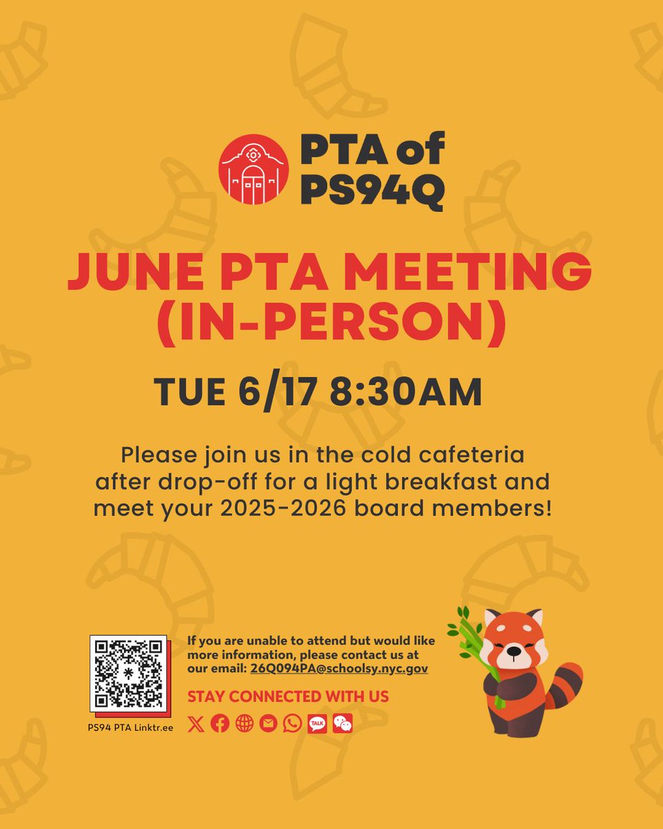 📣 Reminder: Please join us IN-PERSON this morning @ 8:30AM after drop-off, for our last PTA meeting of the year!!!! Meet some of your 25-26 PTA members and get some updates for what is still coming for the remainder of the year!!!

<a href="/PS94DavidPorter/">PS94 David D Porter</a> <a href="/94QDavidDPorter/">Laura Avakians</a>