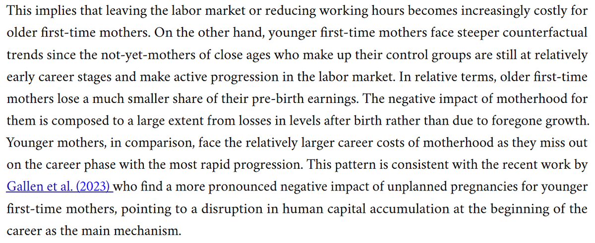 I'm always banging on the downsides of a "one-size fits all"-type of policy, and this paper kinda adds to it:
Older mothers lose more in levels (because they earn more pre-birth) and younger mothers lose more in growth (because they miss the steepest career progression window)