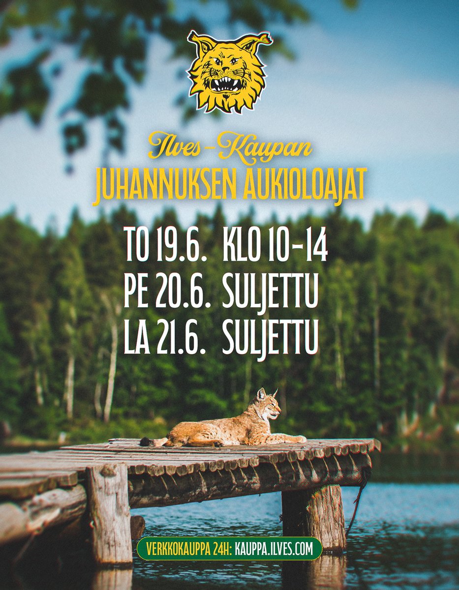Keskikesän juhla lähestyy ja näin ollen myös Ilves-Kaupassa on poikkeusaukioloajat. Vielä ehdit hakea Ilves-tuotteet mökille ja juhannusjuhliin!👙🌾💛

#Ilves #Tampere