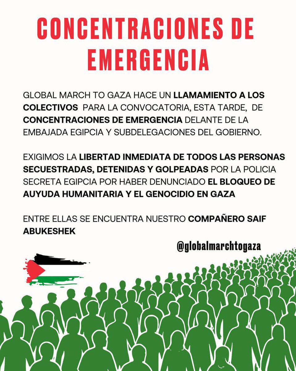 MarchToGaza Spain (@marchtogazaes) on Twitter photo Pedimos al <a href="/MAECgob/">Ministerio de Asuntos Exteriores, UE y Cooperación</a> que vele por el bienestar de sus ciudadanos en Egipto, donde se detiene a personas por hacer uso de sus libertades individuales, recogidas por la <a href="/ONU_es/">Naciones Unidas</a>!!
Pedimos a la <a href="/EmbEspEgipto/">Embajada de España en Egipto/ سفارة إسبانيا في مصر</a> que interceda por los derechos de <a href="/SABUBCN/">Saif Abukeshek</a> como ciudadano español!! Pedimos al <a href="/MAECgob/">Ministerio de Asuntos Exteriores, UE y Cooperación</a> que vele por el bienestar de sus ciudadanos en Egipto, donde se detiene a personas por hacer uso de sus libertades individuales, recogidas por la <a href="/ONU_es/">Naciones Unidas</a>!!
Pedimos a la <a href="/EmbEspEgipto/">Embajada de España en Egipto/ سفارة إسبانيا في مصر</a> que interceda por los derechos de <a href="/SABUBCN/">Saif Abukeshek</a> como ciudadano español!!