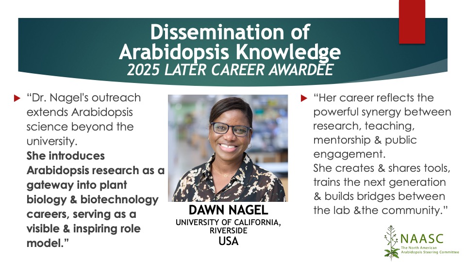 NAASC_NA_ICAR's tweet image. NAASC is happy to announce the 2025 recipients of the Dissemination of Arabidopsis Knowledge Awards:
👏Natanella Illouz-Eliaz, Salk Inst., USA
👏 Dawn Nagel, UCR, USA
👏 Nicholas Provart, Univ of Toronto, Canada
👏 Anna Stepanova, NCSU, USA