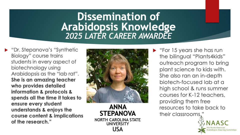 NAASC_NA_ICAR's tweet image. NAASC is happy to announce the 2025 recipients of the Dissemination of Arabidopsis Knowledge Awards:
👏Natanella Illouz-Eliaz, Salk Inst., USA
👏 Dawn Nagel, UCR, USA
👏 Nicholas Provart, Univ of Toronto, Canada
👏 Anna Stepanova, NCSU, USA