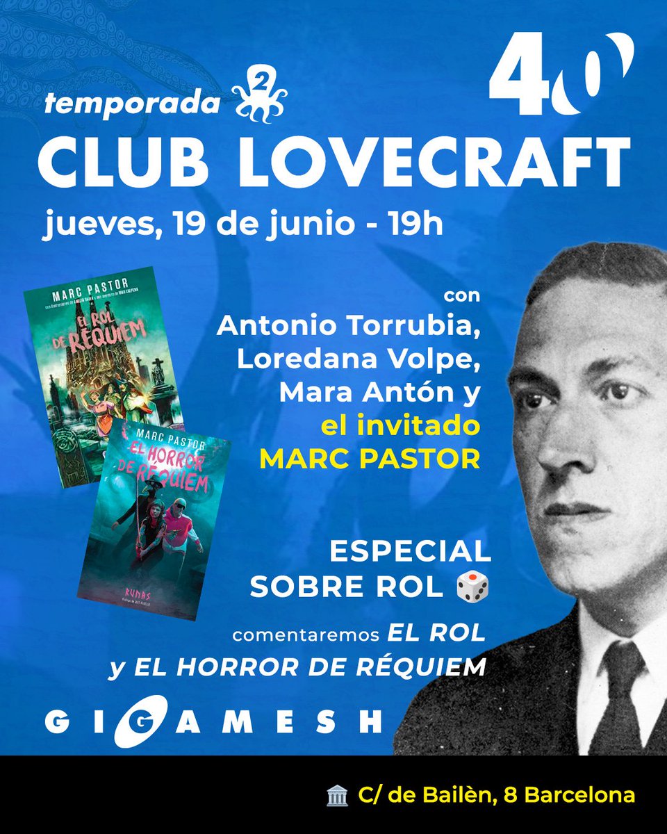 Librería Gigamesh (@gigameshtienda) on Twitter photo 🗓️Jueves 19 a las 19h Esta vez nos cubrimos el rostro para recibir al invitado especial del #ClubLovecraft 🐙
📚El escritor <a href="/DoctorMoriarty/">Marc Pastor</a> se une a los ritos para charlar sobre rol y, en especial, sobre El horror de Réquiem🎲
Ven al Templo o síguenos👇🏻
youtube.com/live/qsoWINEjQ… 🗓️Jueves 19 a las 19h Esta vez nos cubrimos el rostro para recibir al invitado especial del #ClubLovecraft 🐙
📚El escritor <a href="/DoctorMoriarty/">Marc Pastor</a> se une a los ritos para charlar sobre rol y, en especial, sobre El horror de Réquiem🎲
Ven al Templo o síguenos👇🏻
youtube.com/live/qsoWINEjQ…