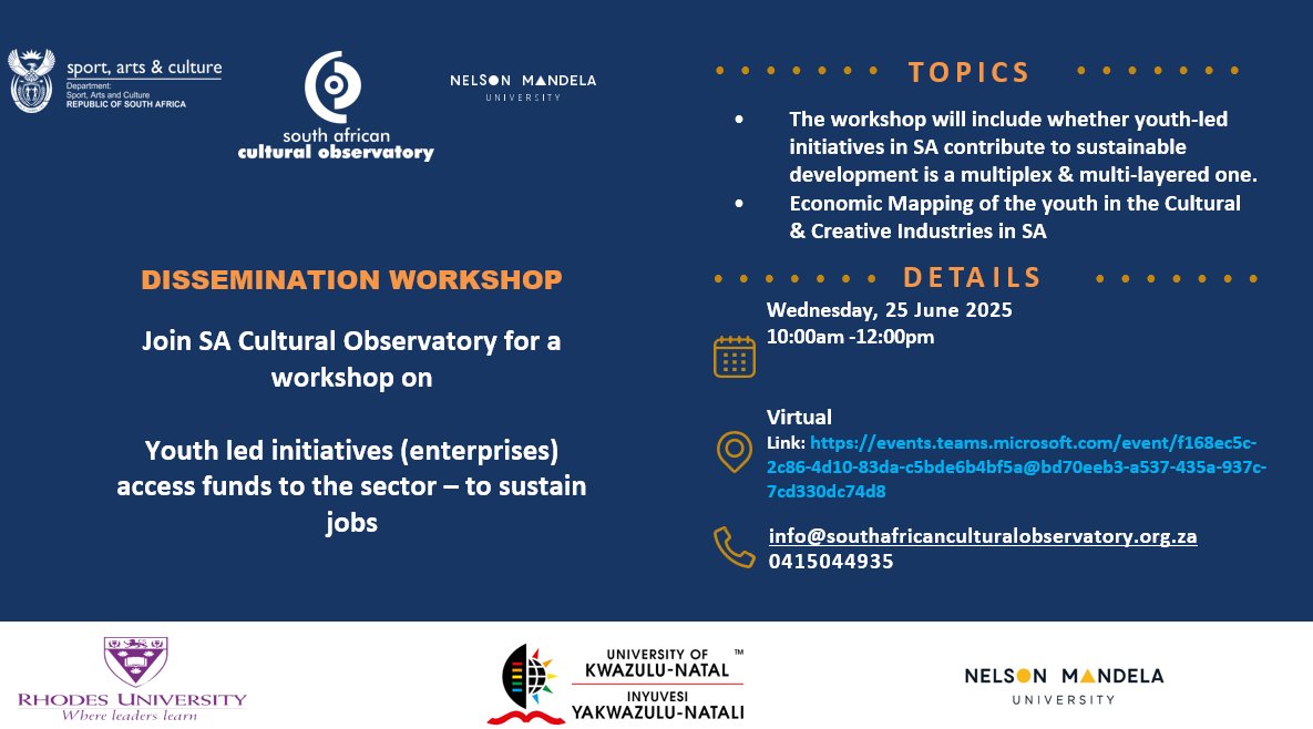 CultureObservatory (@saculturalobs) on Twitter photo Join <a href="/SACulturalObs/">CultureObservatory</a> for a virtual workshop on youth-led initiatives in the CCI's! We'll discuss: Accessing funds to sustain jobs, Economic mapping of youth in CCI's, Sustainable development through youth-led initiatives &more
Register: events.teams.microsoft.com/event/f168ec5c…
#youthmonth Join <a href="/SACulturalObs/">CultureObservatory</a> for a virtual workshop on youth-led initiatives in the CCI's! We'll discuss: Accessing funds to sustain jobs, Economic mapping of youth in CCI's, Sustainable development through youth-led initiatives &more
Register: events.teams.microsoft.com/event/f168ec5c…
#youthmonth