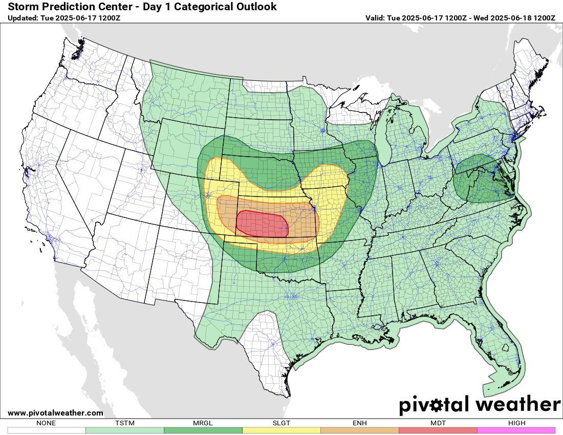 AustinHarwellwx's tweet photo. 🌪️ Severe Weather – Tue, June 17

🚨 Moderate Risk: W/C KS, E CO, N OK, W MO
💨 70–100+ mph winds
💥 Large hail
🌪️ Tornadoes possible

💥 MCS likely this evening.
🔗 https://t.co/rddpgL9WcR

#SevereWeather #SPC #KSwx #OKwx #COwx #MOWx https://t.co/hTKPaC8xjm