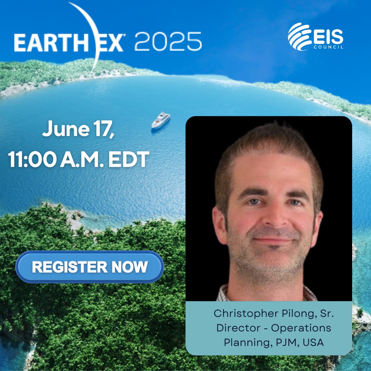 EIS_Council's tweet image. We meet today at 11 AM EDT!
Chris Pilong, Sr. Director of Operations Planning at PJM, will join EARTH EX 2025 today to discuss the frontline challenges of forecasting, grid reliability, and power continuity during cascading disruptions.

Get insight from one of the people who…
