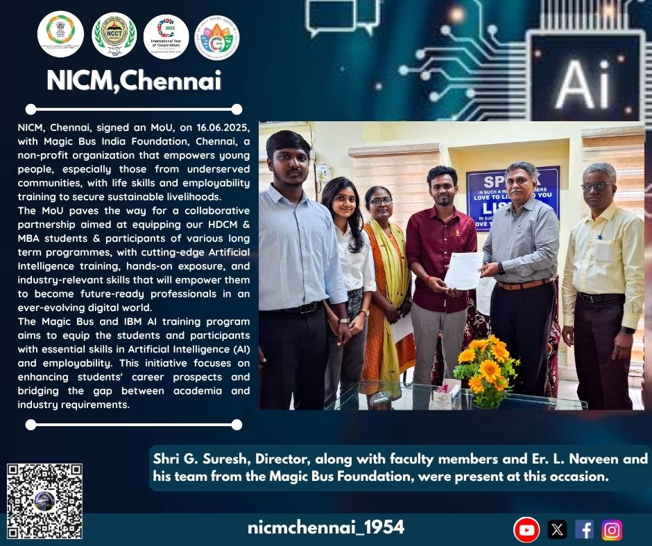 nicmchennai's tweet image. NICM, Chennai signed an MoU with Magic Bus India Foundation on 16.06.2025.Shri G. Suresh, Director, NICM, faculty members &amp;amp; Er. L. Naveen with his team from Magic Bus. #MagicBus @MinOfCooperatn #IYC2025 #empoweringcooperatives #CoopsYear