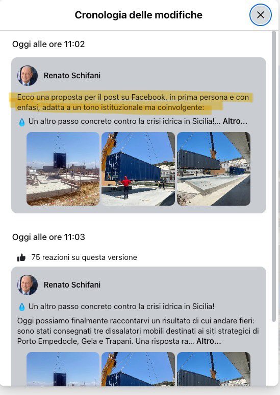 President of Sicily Renato Schifani writes a post on Facebook, but forgets to remove ChatGPT's reply

June 16, 2025

Via <a href="/giuvannuzzo/">giovanni mercadante </a>