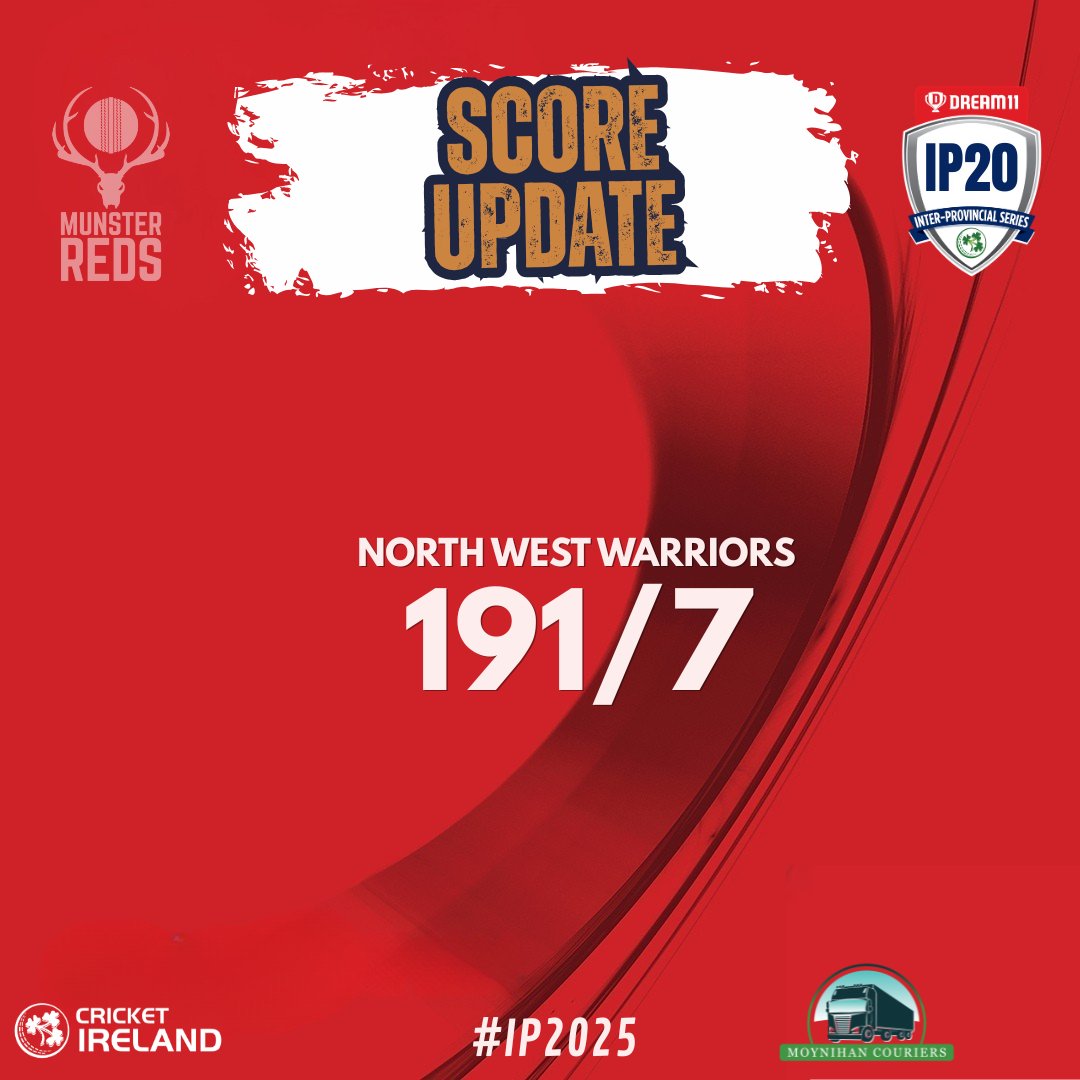 Munster Cricket (@munstercricket) on Twitter photo The Munster Reds have pulled it back after some big hitting from <a href="/NWCU_Warriors/">North West Warriors</a>!
The visitors end on 191/7 after 20.
Buckle up!
<a href="/cricketireland/">Cricket Ireland</a> #IP2025 The Munster Reds have pulled it back after some big hitting from <a href="/NWCU_Warriors/">North West Warriors</a>!
The visitors end on 191/7 after 20.
Buckle up!
<a href="/cricketireland/">Cricket Ireland</a> #IP2025