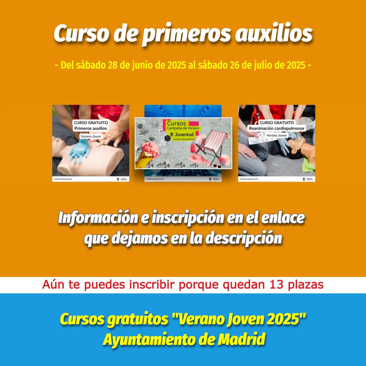 Curso de Primeros Auxilios GRATUITO | Del sábado 28 de junio de 2025 al sábado 26 de julio de 2025... (Aún quedan disponibles 13 plazas)

Más información: bit.ly/curso-primeros…

Formulario de inscripción: bit.ly/formulario-sol… 

#cursosfmss