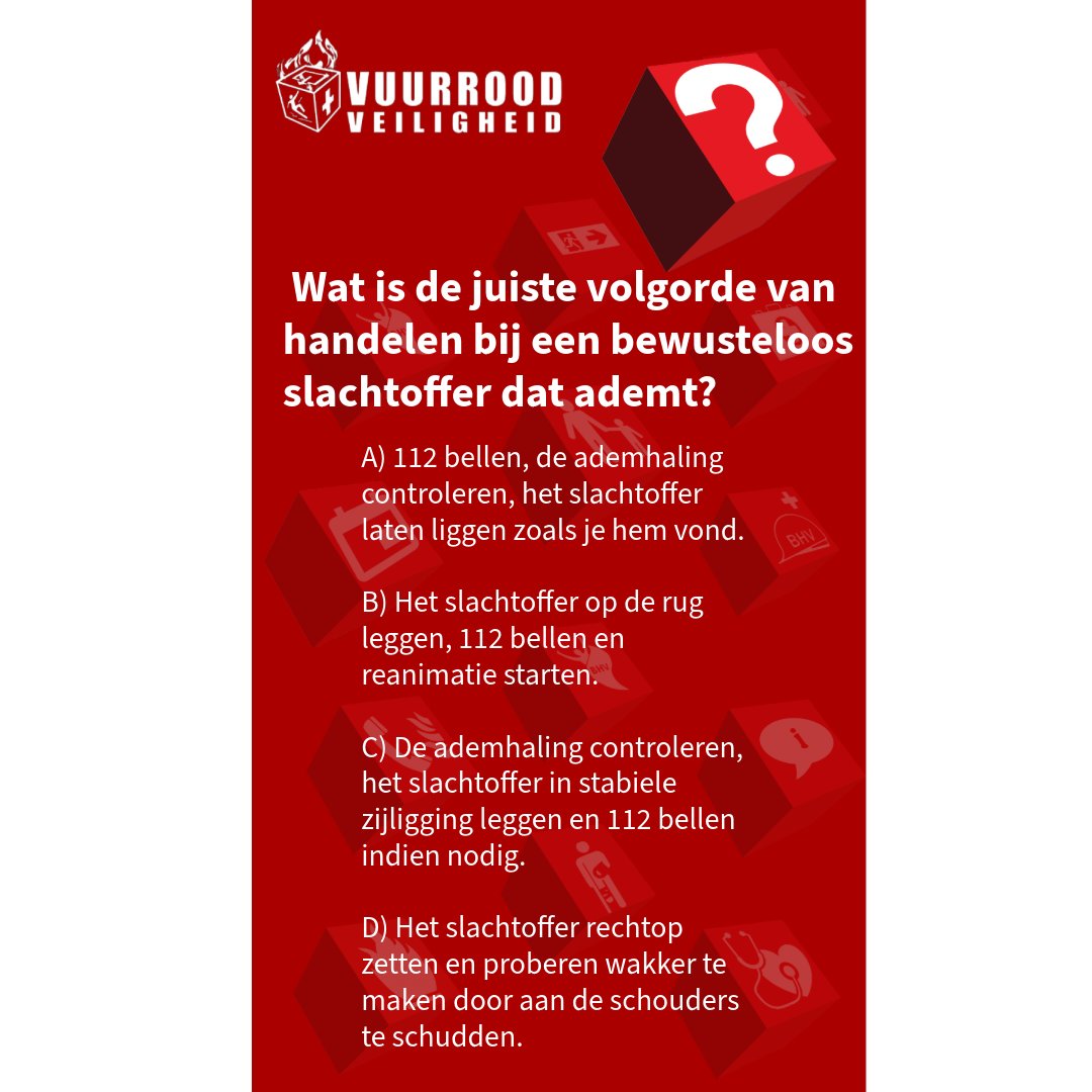 VuurroodBV's tweet photo. Het juiste antwoord is C. Controleer altijd eerst de ademhaling. Als het slachtoffer ademt maar bewusteloos is, leg hij hem in de stabiele zijligging om verstikking te voorkomen. Bel 112 als de situatie ernstig is. Reanimatie is alleen nodig als er geen ademhaling is.

#EHBOtips https://t.co/rfr2h9LOr1