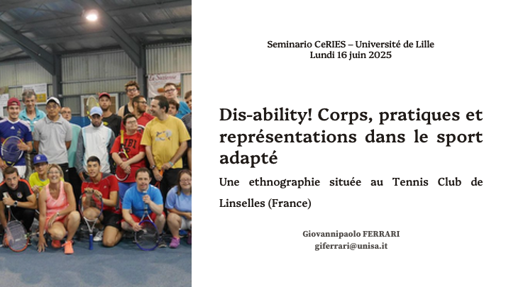 GpfFerrari's tweet photo. 🎾 Yesterday I presented at the #CERIES seminar (Univ. Lille):
 "Dis-ability! Bodies, Practices and Representations in Adaptive Sports. An ethnography inside a tennis club in northern France."
Thanks for the inspiring discussions!
#disabilitystudies #adaptivesports #ethnography https://t.co/LrVR7zVAiY