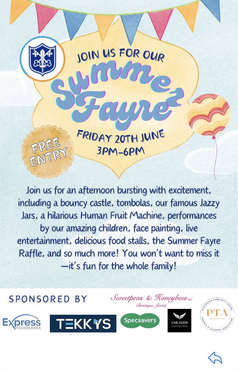 RustingtonCPS's tweet image. We are excited to share that our Summer Fayre istaking place this Friday, June 20th. Attached, you'll find all the details about the event, including a timetable for the children's performances.

We look forward to seeing you at the Summer Fayre!
🌞☀️