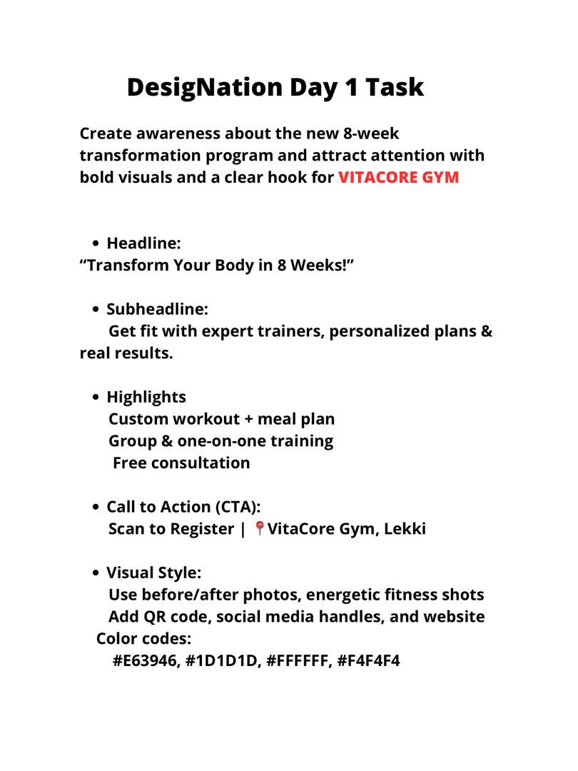 So, my design Community tasked us to prepare this flyer for VITACORE Gym.
 Never done a gym flyer before. 

Here is the prompt and the outcome. How does it look? 

Brief Description:
Project Description: A flyer promoting VitaCore Gym’s 8-week body transformation program,