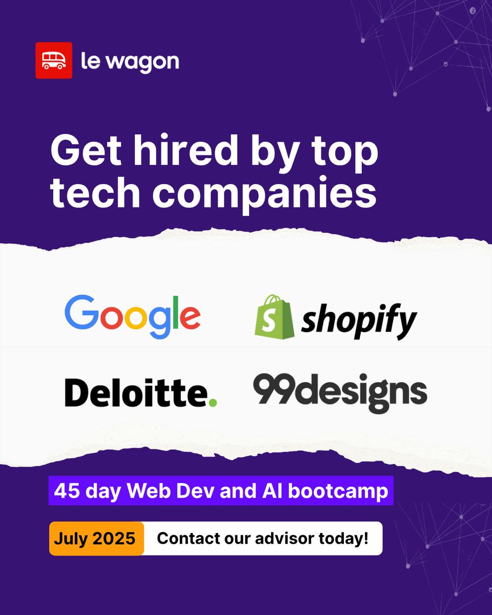 lewagonindia's tweet photo. Dreaming of your next big break in tech?

Join Le Wagon’s Web Dev &amp; AI bootcamp and gain the skills top companies are hiring for.
 
📍 First Cohort: July 2025

🚀 Apply now and fast-track your future - https://t.co/IeBZB6WM4X
 
#LeWagonIndia #DreamItBuildIt #9WeeksChallenge #AI https://t.co/3ys7lTyjiK
