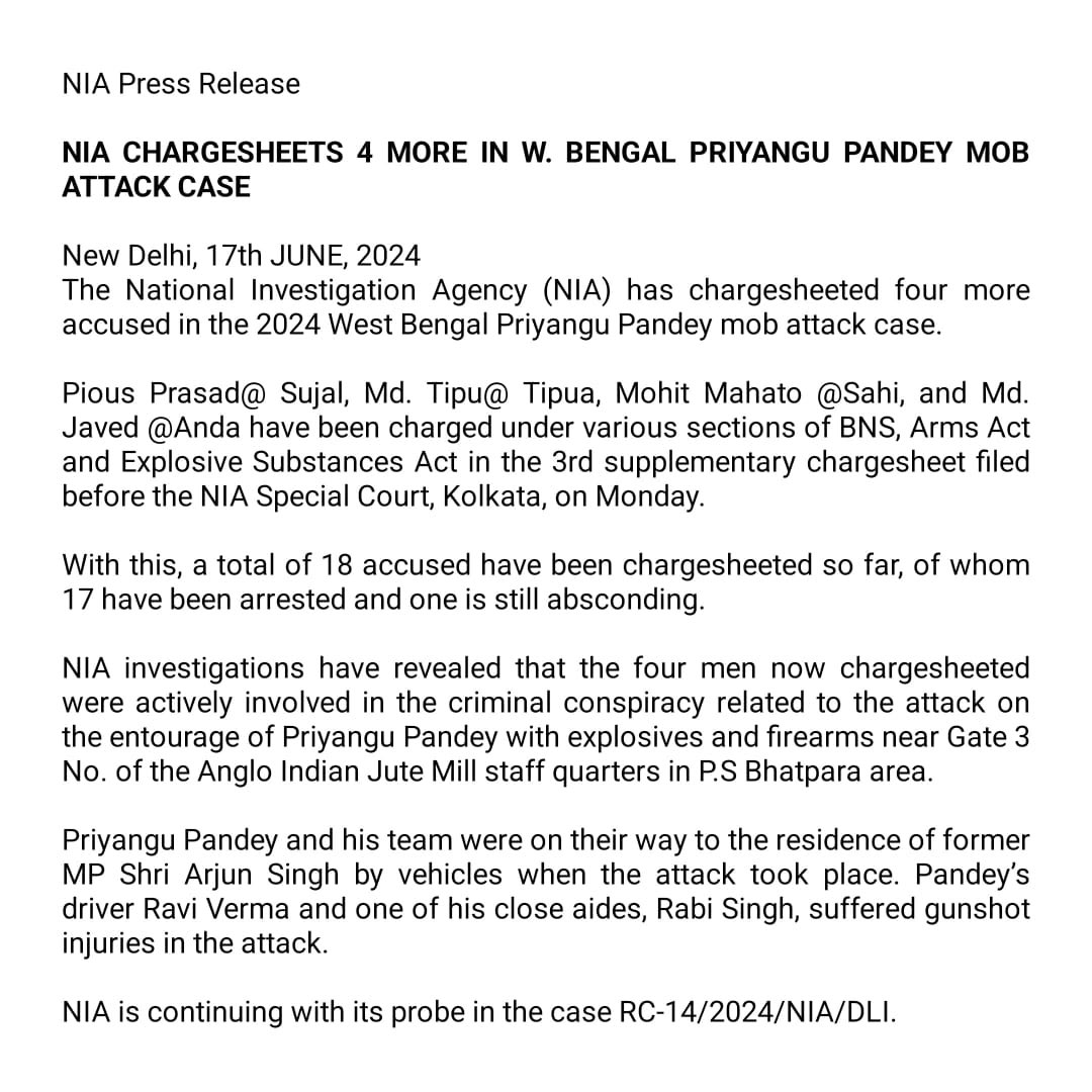 NIA Chargesheets 4 more in W. Bengal Priyangu Pandey Mob Attack Case