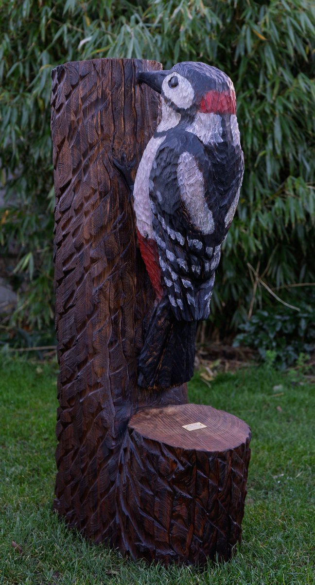 This was a commissioned piece. A Great Spotted Woodpecker. The additional coloured stains make it easier to identify the individual species of woodpecker.