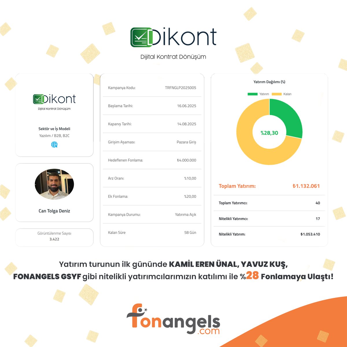 Dikont Yatırım Turuna Devam Ediyor!

Yatırım turunun ilk gününde Kamil Eren Ünal, Yavuz Kuş, Fonangels GSYF gibi nitelikli yatırımcılarımızın katılımı ile %28 fonlamaya ulaştı.

🌐 İncelemek ve yatırım yapmak için bit.ly/Dikont ziyaret edebilirsiniz.