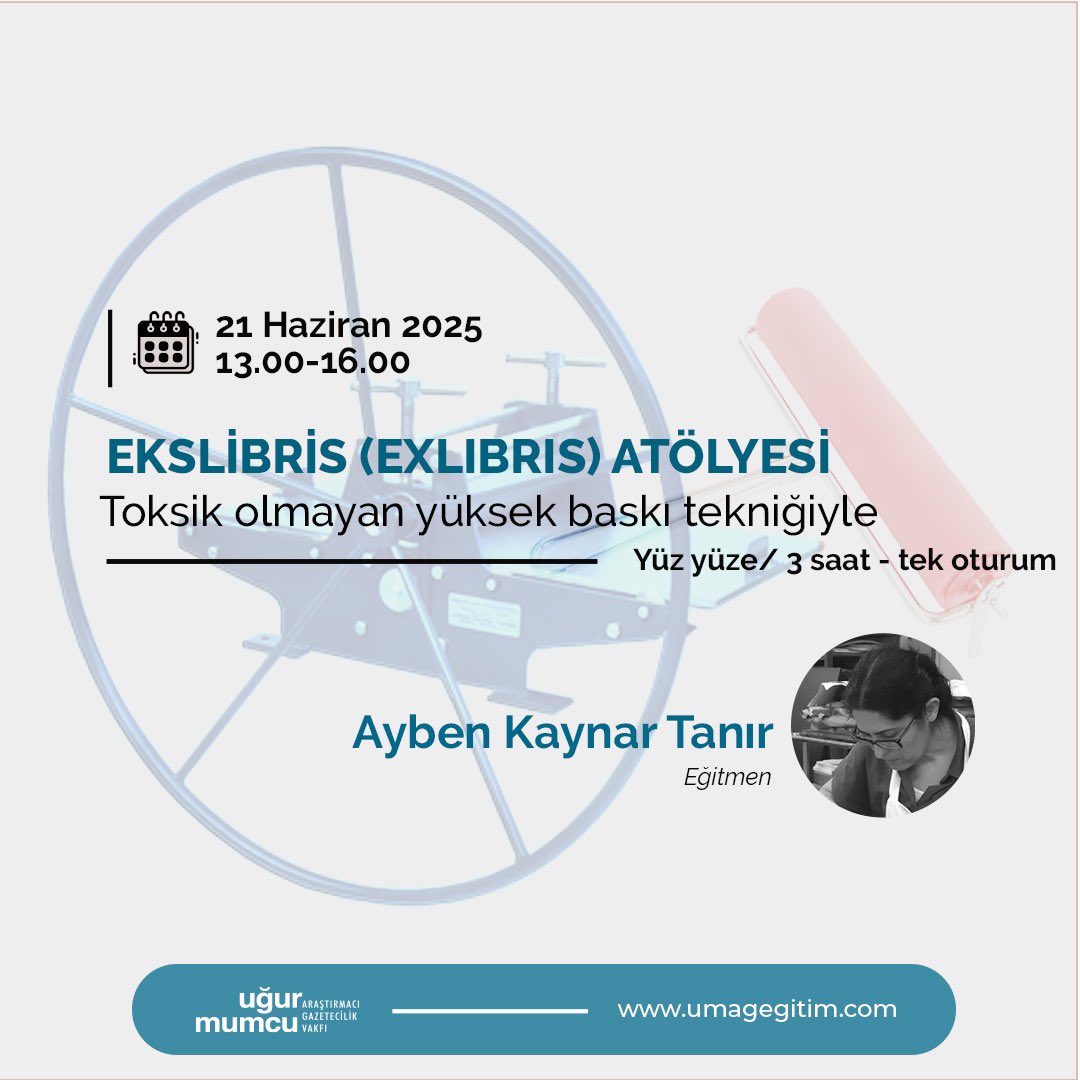 EKSLİBRİS (EXLIBRIS) ATÖLYESİ
Eğitmen: Ayben Kaynar Tanır

Başlangıç Tarihi: 21 Haziran 2025
Ders Gün ve Saatleri: Cumartesi günü, 13.00-16.00 saatleri arasında yüz yüze gerçekleşecektir.
Toplam Ders Saati: 3 saat 

Ekslibris (Exlibris) nedir?
Ekslibris, kitapseverlerin