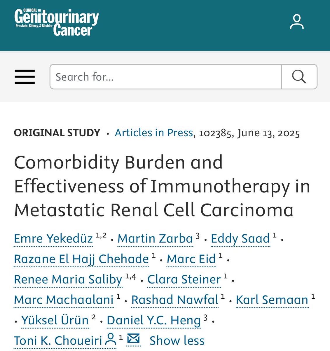 🚨 Our new study alert! <a href="/ElsevierConnect/">Elsevier</a> 

What is the role of comorbidity burden in response to immunotherapy based combos in patients with metastatic renal cell carcinoma?

🎯Endpoints : Overall surival and time to treatment failure

High comorbidity 🟰 Worse Outcomes

❓❗️No