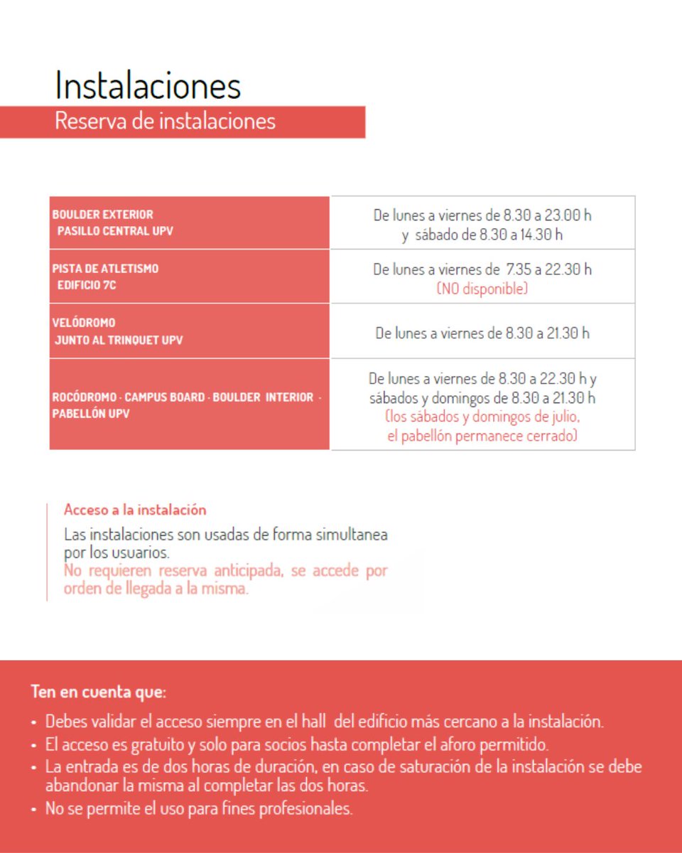 📢 En julio cambiamos de horario 🕒

Las instalaciones deportivas de la UPV adaptan su horario del 1 al 31 de julio.

Consulta toda la info aquí 👉 upv.es/entidades/ad/2…

#UPVEsports #HorariJuliol #EstiuActiu