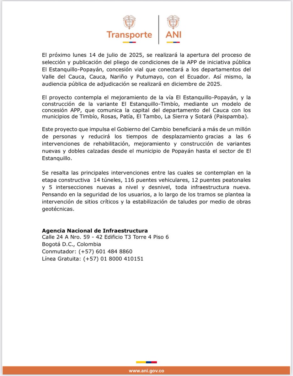 Agencia Nacional de Infraestructura (@ani_colombia) on Twitter photo 🗞️#ComunicadoANI | <a href="/MinHacienda/">MinHacienda</a> emite no objeción de condiciones financieras y aprobación de valoración de obligaciones contingentes y plan de aportes al proyecto Estanquillo-Popayán.
Todos los detalles aquí⤵️ 🗞️#ComunicadoANI | <a href="/MinHacienda/">MinHacienda</a> emite no objeción de condiciones financieras y aprobación de valoración de obligaciones contingentes y plan de aportes al proyecto Estanquillo-Popayán.
Todos los detalles aquí⤵️