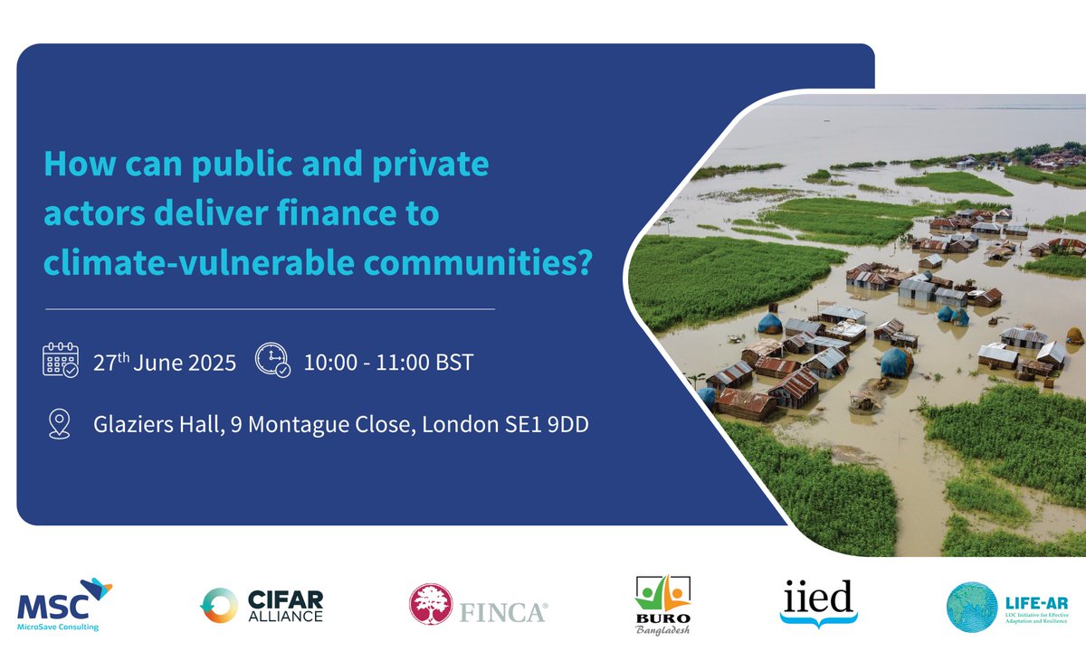 MSC (MicroSave Consulting) (@microsave) on Twitter photo How can inclusive finance scale to support climate-vulnerable communities? Join MSC, <a href="/LDC_LIFEAR/">LIFE-AR Interim Secretariat</a> & CIFAR Alliance on 27 June 2025 to explore the role of IFSPs, governments & climate funds in advancing #LocallyLedAdaptation & building #ClimateResilience. Write to How can inclusive finance scale to support climate-vulnerable communities? Join MSC, <a href="/LDC_LIFEAR/">LIFE-AR Interim Secretariat</a> & CIFAR Alliance on 27 June 2025 to explore the role of IFSPs, governments & climate funds in advancing #LocallyLedAdaptation & building #ClimateResilience. Write to
