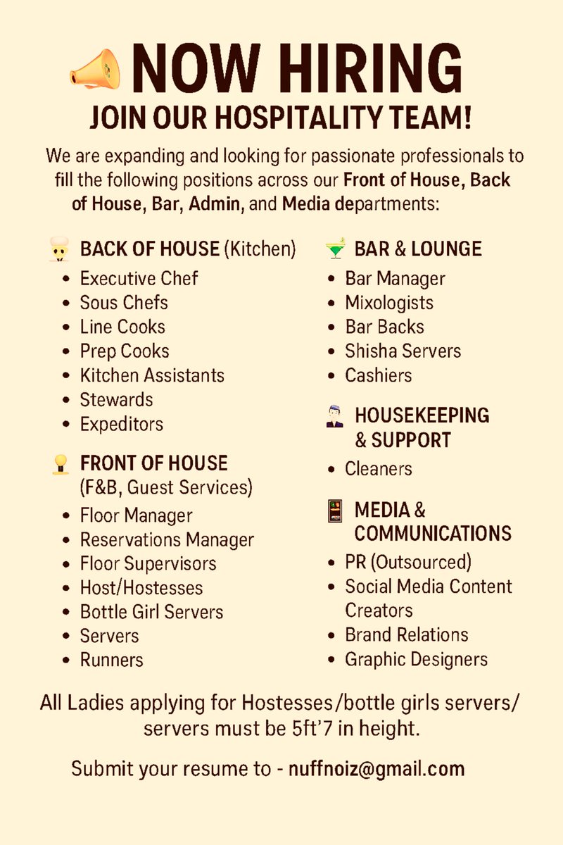 Nuffnoiz's tweet photo. 📢 NOW HIRING!
Join our growing hospitality team and be part of something exceptional!
We’re looking for passionate professionals to fill key roles.

📩 Submit your resume to: nuffnoiz@gmail.com

Tag someone who needs to see this! 💼
#HospitalityJobs #NowHiring #JoinOurTeam #lag https://t.co/I8XV7TMdQk