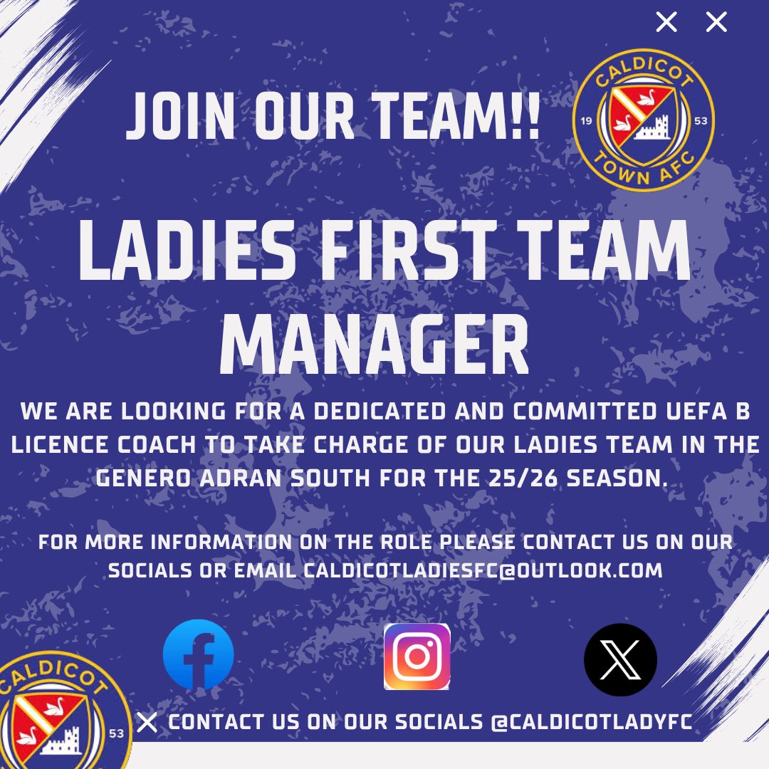 CaldicotLadyFC's tweet photo. 🚨 First Team Manager Wanted 🚨

Caldicot Town Ladies are looking to appoint a committed and driven individual to take charge of our Ladies Team in the @AdranLeagues for the 25/26 season. 

If you are interested please get in touch 🔵 #UppaTown https://t.co/DouqdyDcR9