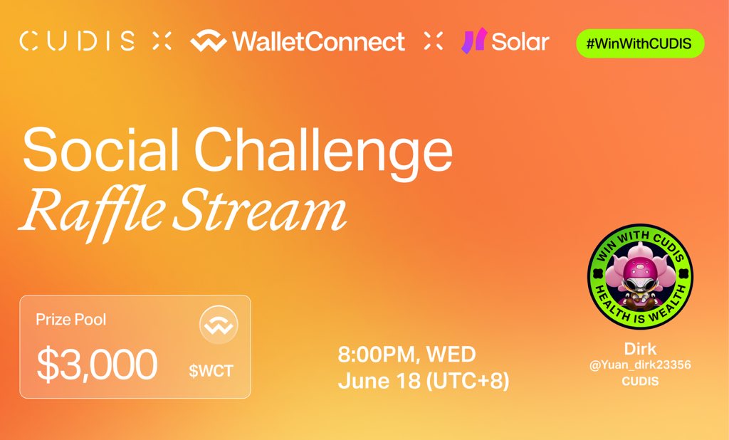 CUDIS cofounder @yuan_dirk23356 will be livestreaming the social challenge rewards raffle.

Time⏰: 
Wednesday, June 18, at 8PM UTC+8.

Rewards🏆: 
-$3000 WCT for 100 lucky winners
-3 double up chances for S1 airdrop.

Mark down the time, raid the livestream, and have fun!