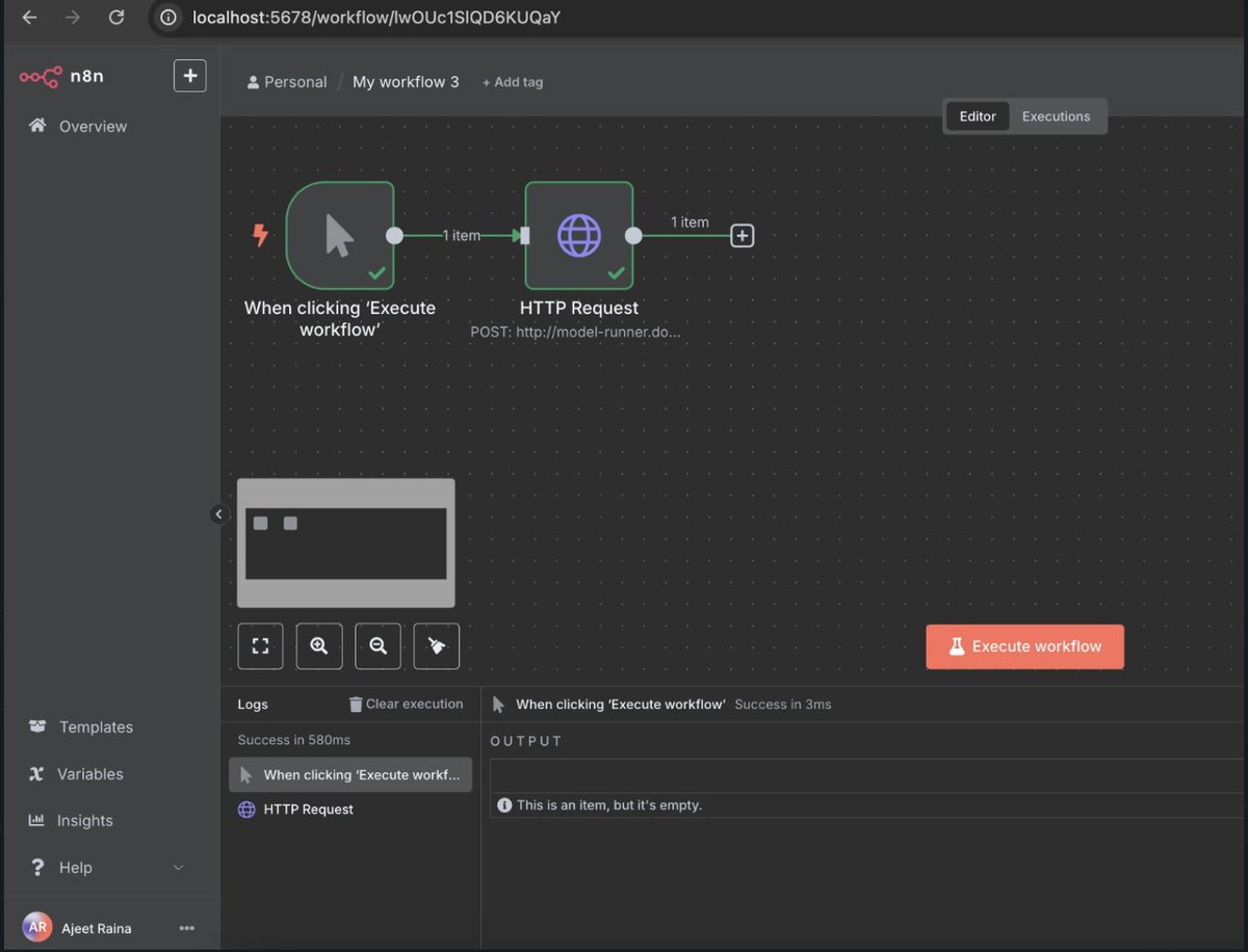 The future of AI automation is local!

🔥 <a href="/n8n_io/">n8n.io</a> workflows now powered by <a href="/Docker/">Docker</a> Model Runner!  

Here's a docker-compose setup that gives you: 
🏠 Local LLM processing 
🔗 Visual workflow automation   

More to come...

github.com/ajeetraina/n8n…