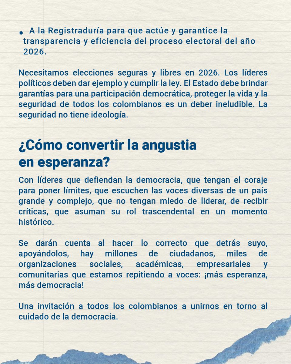 #MásDemocraciaMásEsperanza 🇨🇴
Cuando respetamos la #democracia, a nuestras instituciones y a los demás, somos un mejor país. 

Frente a la incertidumbre, respondemos con esperanza. Frente a la violencia, nos unimos para proteger lo construido: el derecho a pensar en la