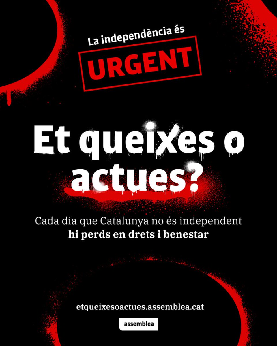 ⬛️⬜️ Cada dia que Catalunya no és independent hi perds en drets i benestar.

🔴La independència és urgent.

Et queixes o actues?

etqueixesoactues.assemblea.cat