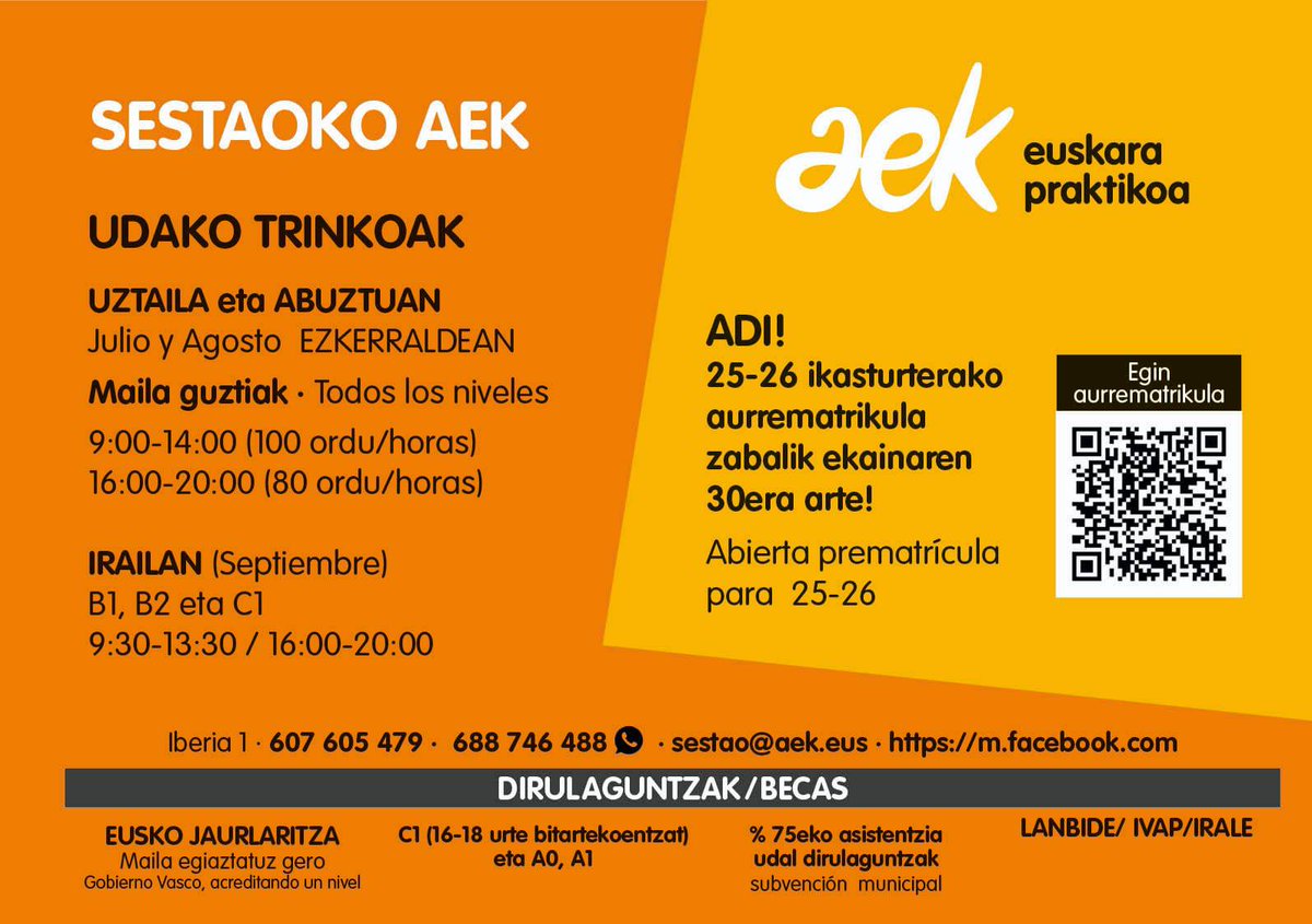 Si este verano te has propuesto estudiar euskera, ya puedes consultar la oferta de  #cursos intensivos para los meses de julio , agosto y septiembre de AEK #Sestao.

AEK Sestaoko udako ikastaro trinkoen eskaintza kontsulta dezakezu.