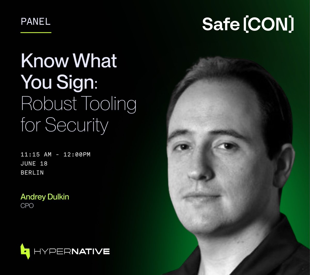 HypernativeLabs's tweet photo. To sign is to delegate agency. In code, that act is sacred. Also easily subverted.
Our CPO Andrey Dulkin joins the panel โKnow What You Sign: Robust Tooling for Securityโ at @safe's #SafeCon Berlin to explore how better tooling can bridge the gap between usability and security in decentralized systems.
๐
June 18
โฐ 11:15 AM โ 12:00 PM
๐ https://t.co/G3uXRquoPA
If you're in town, stop by and say hi. If not, follow along for insights on building a more secure, transparent Web3.