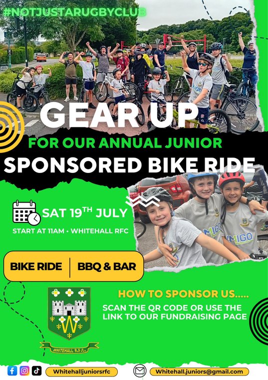 JUNIORS SPONSORED BIKE RIDE   Saturday 19th July #Pitchero JUNIORS SPONSORED BIKE RIDE  Saturday 19th July • 11am start. This is a great event for everyone to get involved if that’s joining in on the fun or sponsoring
pitchero.com/clubs/whitehal…
