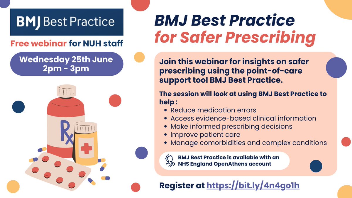 Interested in learning more about how the point-of-care tool BMJ Best Practice can help with safer prescribing? Register for a free webinar on Wednesday 25th June 2pm - 3pm at bit.ly/4n4go1h. Open to all staff and students with an NUH OpenAthens account. 💊
