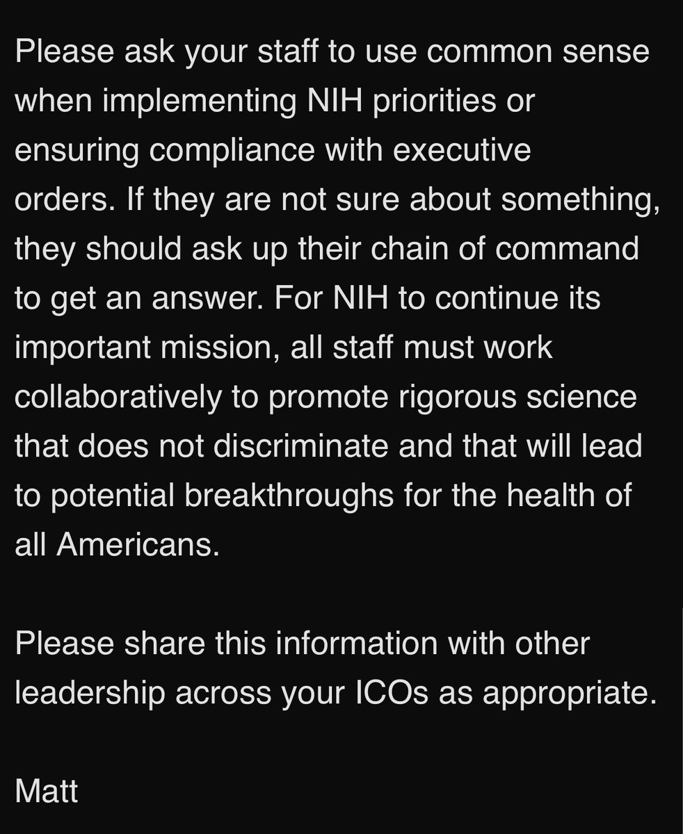 In an email to staff, a top NIH official says, "It has come to our attention that some staff are giving guidance that the word 'diversity' may not be used in any context

Obviously this is bad guidance...Please ask your staff to use common sense when implementing NIH priorities."