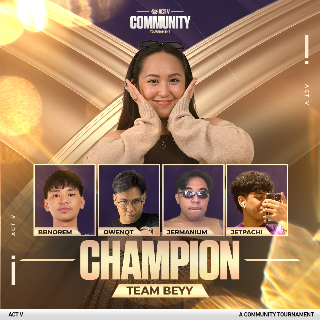 ActVCommunity's tweet image. Crowned and clutched 🦋✨
Team Beyy rises above all to become the ACT V: A Community Tournament champions! Every round, every play—dominant, disciplined, and unstoppable. All hail the champs!

@bbnorem 
@oencutie 
@_jermanium 
@Jetpachi 

#ActV
ttv / vanessaxnav