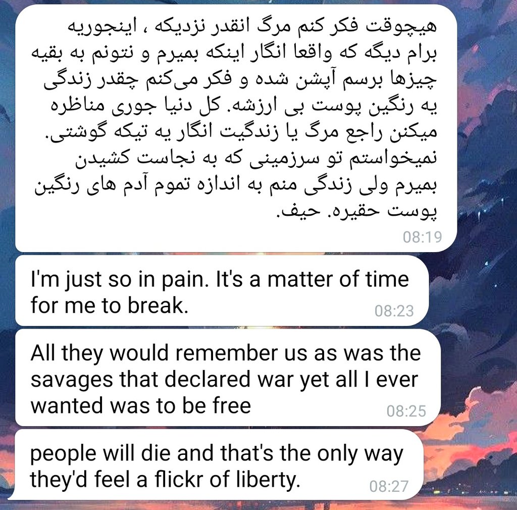 Lightinna_'s tweet photo. The rest of the world is deciding what should happen to Iran while we are the ones in the warzone .

Me and my friends are in distress, not knowing what will happen the next second https://t.co/ALBIeqos0g