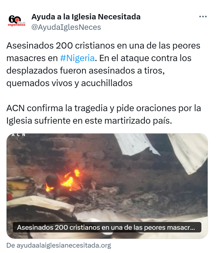 🚨 200 Cristianos asesinados | Mientras dormían, fueron asesinados a tiros, quemados vivos y acuchillados. Les dieron "Machetazos" a los que intentaban escapar de las llamas.

Es la masacre y crueldad que viven nuestros hermanos cristianos en Nigeria.

🙏 Oremos por el eterno