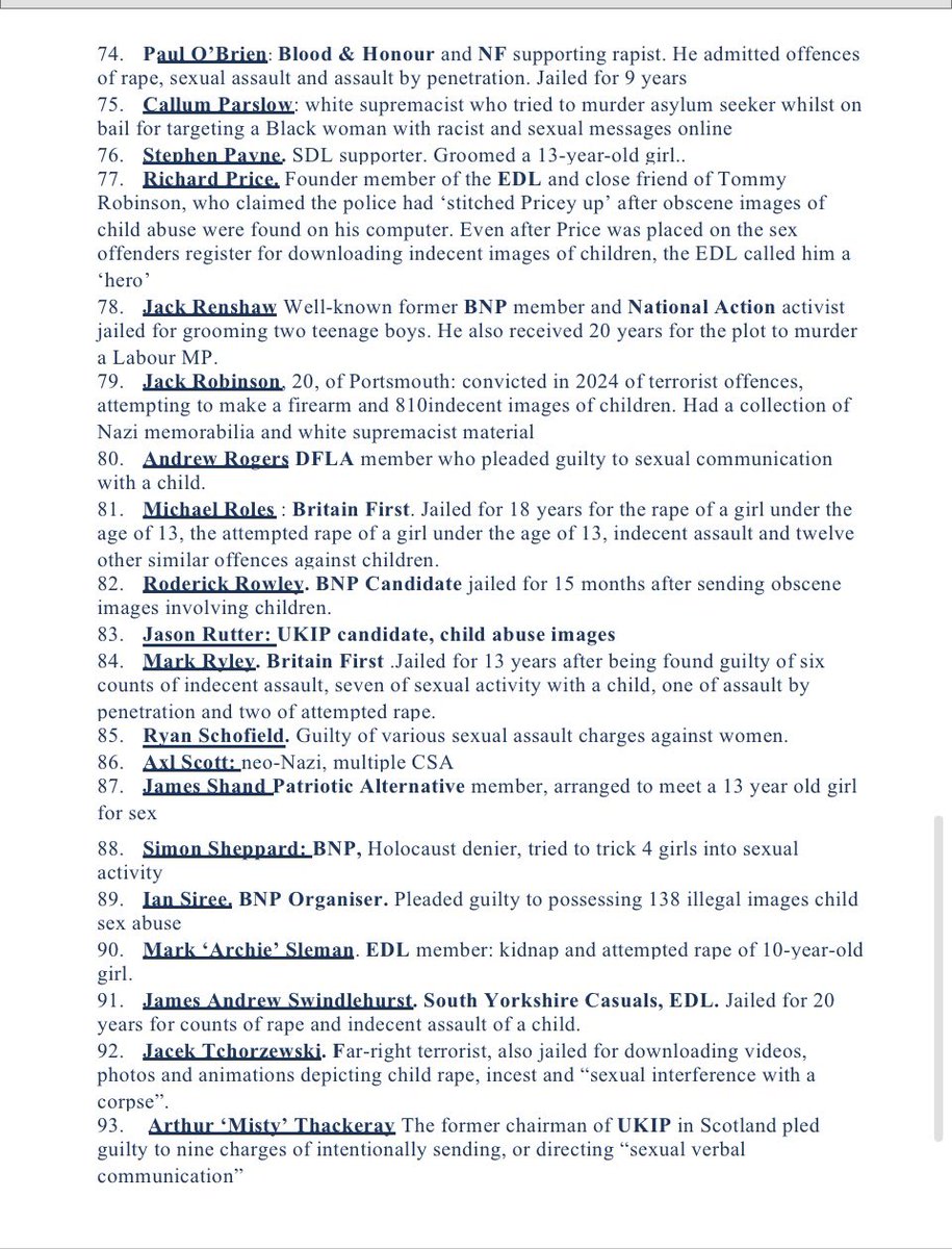 Dr Louise Raw (@louiserawauthor) on Twitter photo Tommy Robinson co founded the EDL with a paedophile.
2 of the EDL’s ‘anti paedo squad’ were jailed for … you guessed it.
Here are 103 far right sex offenders <a href="/TRobinsonNewEra/">Tommy Robinson 🇬🇧</a> and <a href="/Nigel_Farage/">Nigel Farage MP</a> have NEVER called for an enquiry into- or even MENTIONED.
THAT is a cover-up. Tommy Robinson co founded the EDL with a paedophile.
2 of the EDL’s ‘anti paedo squad’ were jailed for … you guessed it.
Here are 103 far right sex offenders <a href="/TRobinsonNewEra/">Tommy Robinson 🇬🇧</a> and <a href="/Nigel_Farage/">Nigel Farage MP</a> have NEVER called for an enquiry into- or even MENTIONED.
THAT is a cover-up.