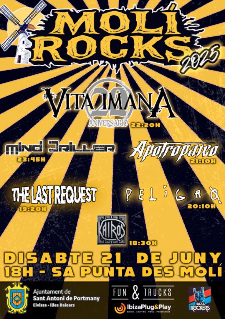 III Molí Rocks 🎸🤟🏼

🎉 Kairós, The Last Request, Peligro, Apotropaico, Vita Imana i Mind Driller

🎶 Mercat i food trucks a una jornada completa de cultura, música i convivència

📆 Dissabte 21 de juny a partir de les 18 hores a Sa Punta des Molí

🎟️ Entrada gratuïta