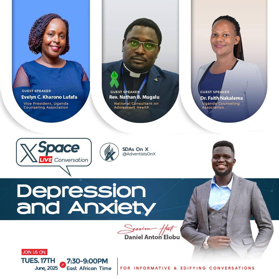 Join a team of Counseling and MHPSS experts from UCA in a professional discussion 

Topic: DEPRESSION &amp; ANXIETY

GUEST SPEAKERS:
1. Mrs. Evelyn C. Kharono Lufafa <a href="/EvelynKharono/">Kharono Evelyn connie</a>
2. Rev. Nathan B. Mugalu <a href="/MugaluNathan/">Rev.Nathan Balirwana Mugalu</a>
3. Dr. Faith Nakalema <a href="/FaithNakal95132/">Dr. Faith Nakalema</a>

x.com/i/spaces/1jMKg…